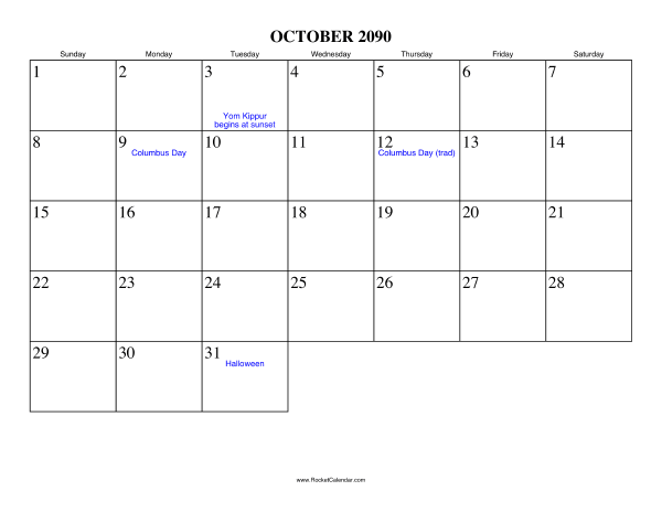 October 2090 Calendar